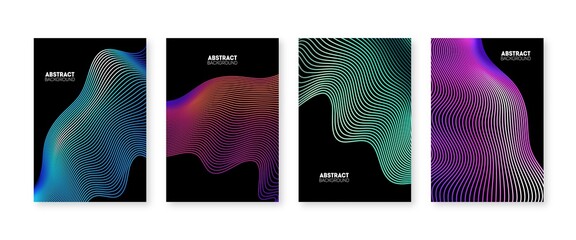 Futuristic abstract cover design template. Vector set of fluid line posters. Neon colors on black background