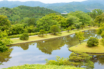 Upper Garden at Shugakuin Imperial Villa (Shugakuin Rikyu) in Kyoto, Japan. It was originally constructed by the retired Emperor Go-Mizunoo, construction completed in 1659.