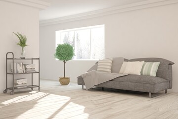 Idea of white minimalist room with sofa. Scandinavian interior design. 3D illustration