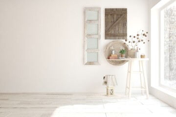 White empty room with home decor. Scandinavian interior design. 3D illustration