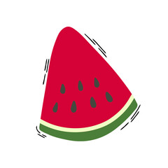 A piece of sweet ripe watermelon with pits and green peel in Doodle style isolated on a white background. Vector illustration