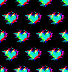 Seamless pattern of hearts with glitch effect. Stock illustration for web and print, wallpaper, background, scrapbooking, wrapping paper, textile.