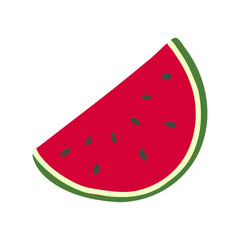 A piece of sweet ripe watermelon with pits and green peel in Doodle style isolated on a white background. Vector illustration
