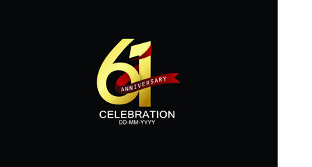 61 year anniversary red ribbon celebration logotype. anniversary logo with Red text and Spark light gold color isolated on black background, design for celebration, invitation - vector