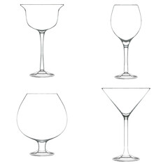 Set of glasses for cocktail isolated on white. Hand drawn illustration. Pencil sketch of empty glassware for alcohol drink. Design element for bar and restaurant menu, recipes, flyers.