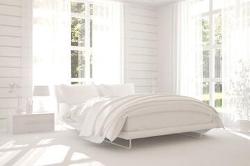 White modern bedroom with green landscape in window. Scandinavian interior design. 3D illustration