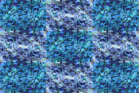 Fondo geométrico de textura de azulejos en tonos fríos con efectos visuales. Ilustración con efecto caleidoscopio y ondular.