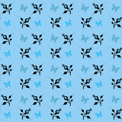 Simple seamless floral pattern with rose hip flowers and butterflies for paper packaging, wallpaper, clothes, bedding.