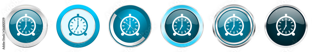 Poster Alarm silver metallic chrome border icons in 6 options, set of web blue round buttons isolated on white background