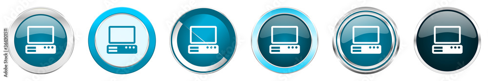 Poster Computer silver metallic chrome border icons in 6 options, set of web blue round buttons isolated on white background