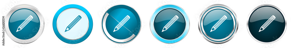 Poster pencil silver metallic chrome border icons in 6 options, set of web blue round buttons isolated on w