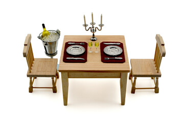 MINATURE WOODEN TABLE EQUIPPED FOR TWO
