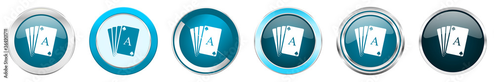 Aufkleber card silver metallic chrome border icons in 6 options, set of web blue round buttons isolated on whi