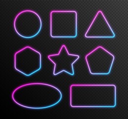 Neon gradient frames set, collection of blue-pink glowing borders isolated on a dark background. Colorful night banners, vector light effect.