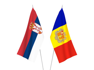 National fabric flags of Serbia and Andorra isolated on white background. 3d rendering illustration.