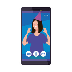woman with party hat on smartphone design, Happy birthday and video chat theme Vector illustration