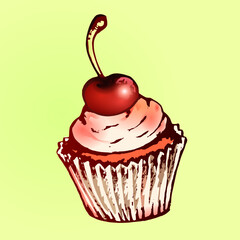 cupcake, cream muffin with cherry, color vector clip art on isolated background