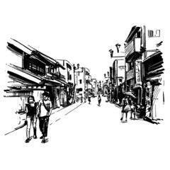 Drawing of the Japan cityscape in Kyoto 