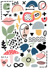 Abstract vector texture shape. Modern geometric trendy pattern. Doodle art illustration, graphic design on white background. Wallpaper collage element. Simple flower, cute face contemporary creative.