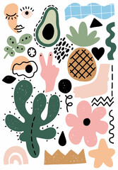 Abstract shapes vector texture. Modern shape geometric trendy pattern. Doodle art illustration, graphic design on white background. Wallpaper collage element. Simple flower, face contemporary creative