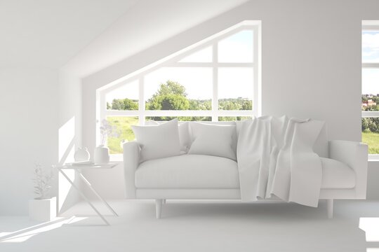 Stylish room in grey color with sofa and green landscape in window. Scandinavian interior design. 3D illustration