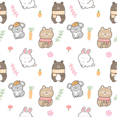 Seamless Pattern with Cute Cartoon Bear, Koala and Rabbit Design on White Background