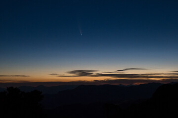 View of comet Neowise above the mountains u Vercors, France