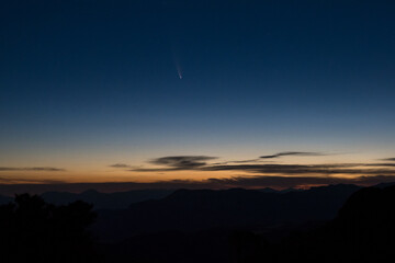 View of comet Neowise above the mountains u Vercors, France