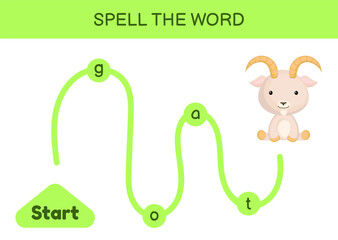 Maze for kids. Spelling word game template. Learn to read word goat, printable worksheet. Activity page for study English. Educational activity for development of children. Vector stock illustration.