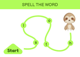 Maze for kids. Spelling word game template. Learn to read word sloth, printable worksheet. Activity page for study English. Educational activity for development of children. Vector stock illustration.
