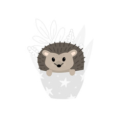 The magic hedgehog. Floral monochrome background. Vecton illustration