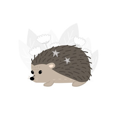 The magic hedgehog. Floral monochrome background. Vecton illustration