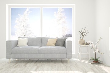 White stylish minimalist room with sofa. Scandinavian interior design. 3D illustration