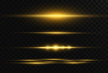 Beautiful bright horizontal flare. Golden glare on a transparent background. Light stripes on a dark background. Yellow rays.