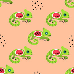 Chameleon and watermelon vector seamless pattern