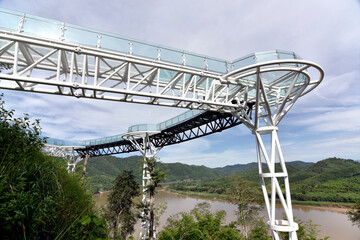 Beautiful Glass sky walk at Viewpoint new landmark Thailand skywalk, at Phra Yai Phu Khok Ngio Chiang Khan district, Loei Province, Mekong river Thailand and Laos PDR. of a popular tourist attraction