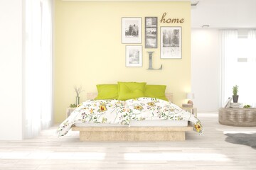 Colorful stylish minimalist bedroom. Scandinavian interior design. 3D illustration