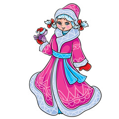 cute snow maiden holding a bird in her hands, isolated object on a white background, vector illustration,