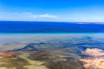 Aerial view of spring landscape lake. Lake Naroch, Minsk region, Belarus