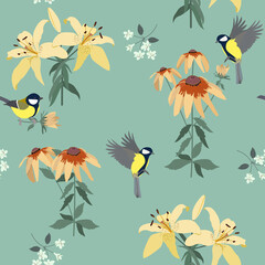 Seamless vector illustration with birds and lily on a green background .