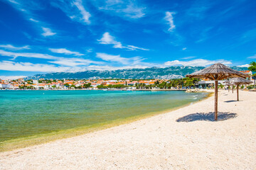 Adriatic sea shore in Croatia on Pag island, beautiful sand beach in town of Novalja
