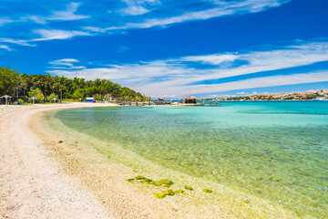 Adriatic sea shore in Croatia on Pag island, beautiful sand beach in town of Novalja
