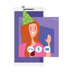 woman with party hat and wine cup on smartphone design, Happy birthday and video chat theme Vector illustration