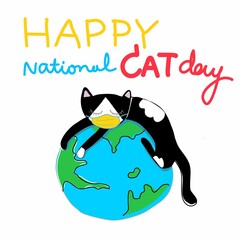 save the planet .cute cat wearing yellow face mask to prevent virus in covid-19 on cat day ,cat sleeping on the blue planet on white background with words happy national cat day 