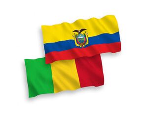 National vector fabric wave flags of Mali and Ecuador isolated on white background. 1 to 2 proportion.