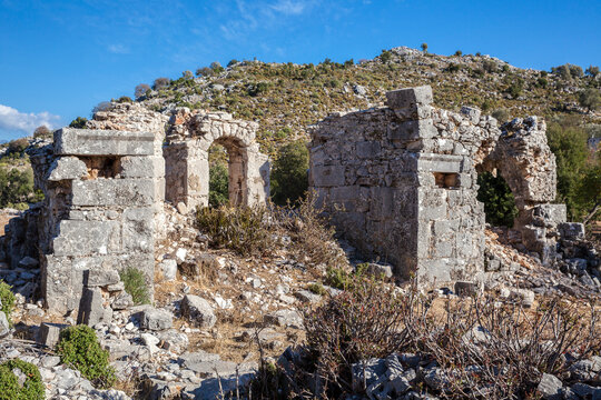 The ancient city of Sidyma from the village of Dodurga, Fethiye, Mugla, in Turkey.