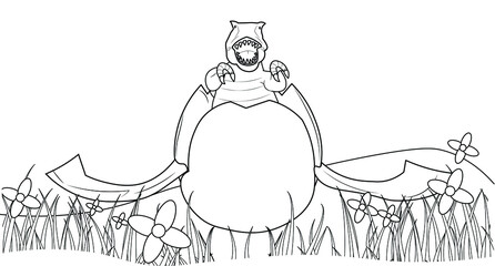 Baby t rex dinosaur coming out from egg in a jungle fun education learning earth