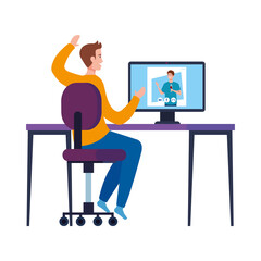Man at chair and boy on computer in video chat design, Call online conference and webcam theme Vector illustration