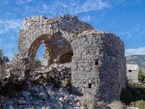The ancient city of Sidyma from the village of Dodurga, Fethiye, Mugla, in Turkey.