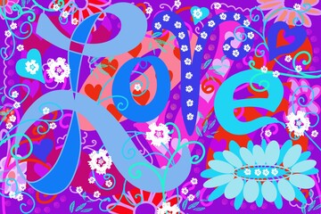 Fun Abstract Retro sixty's seventy's I LOVE YOU , LOVE, PEACE, Hippie sychodelic hand drawn floral colorful  decorative design original artwork Valentine  WORD calligraphy